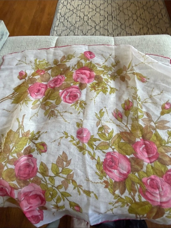 Vintage Accessories - Vintage Made in Italy Floral Rose Nylon Scarf Pink Ivory 28x28